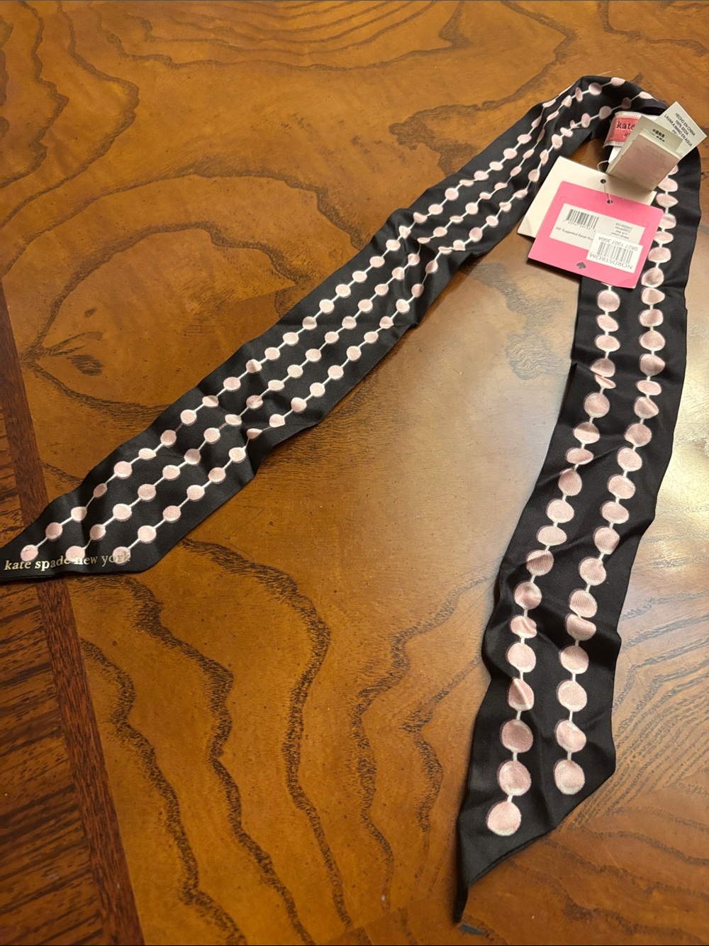kate spade Black and Light Pink Polka-Chain Silk Twilly Scarf